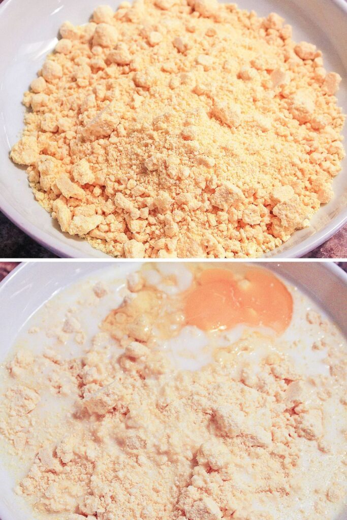 collage of cornmeal in bowl and then second picture is cornmeal and milk and egg in second bowl