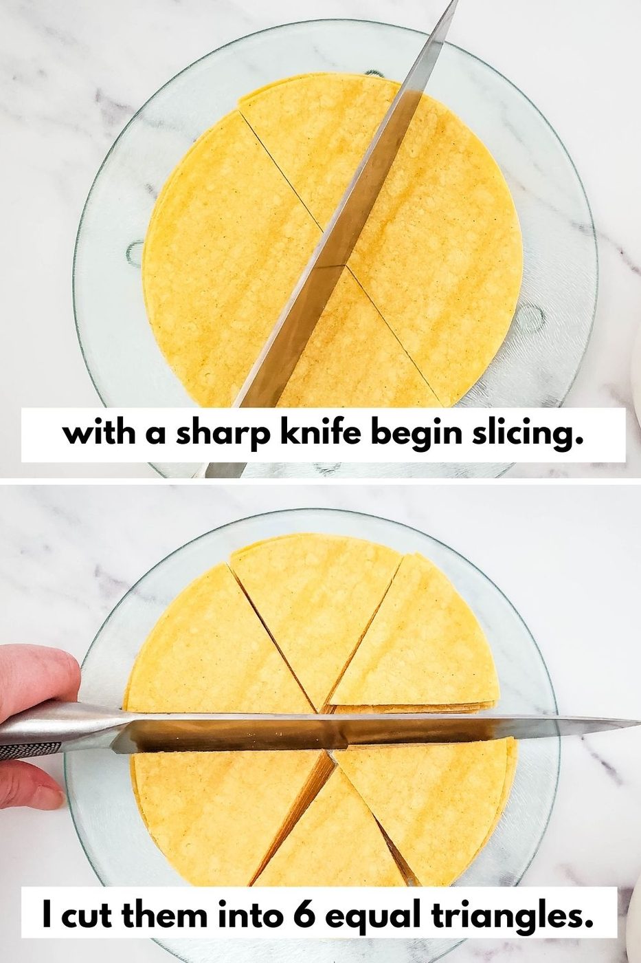 slicing tortilla chips on a plate