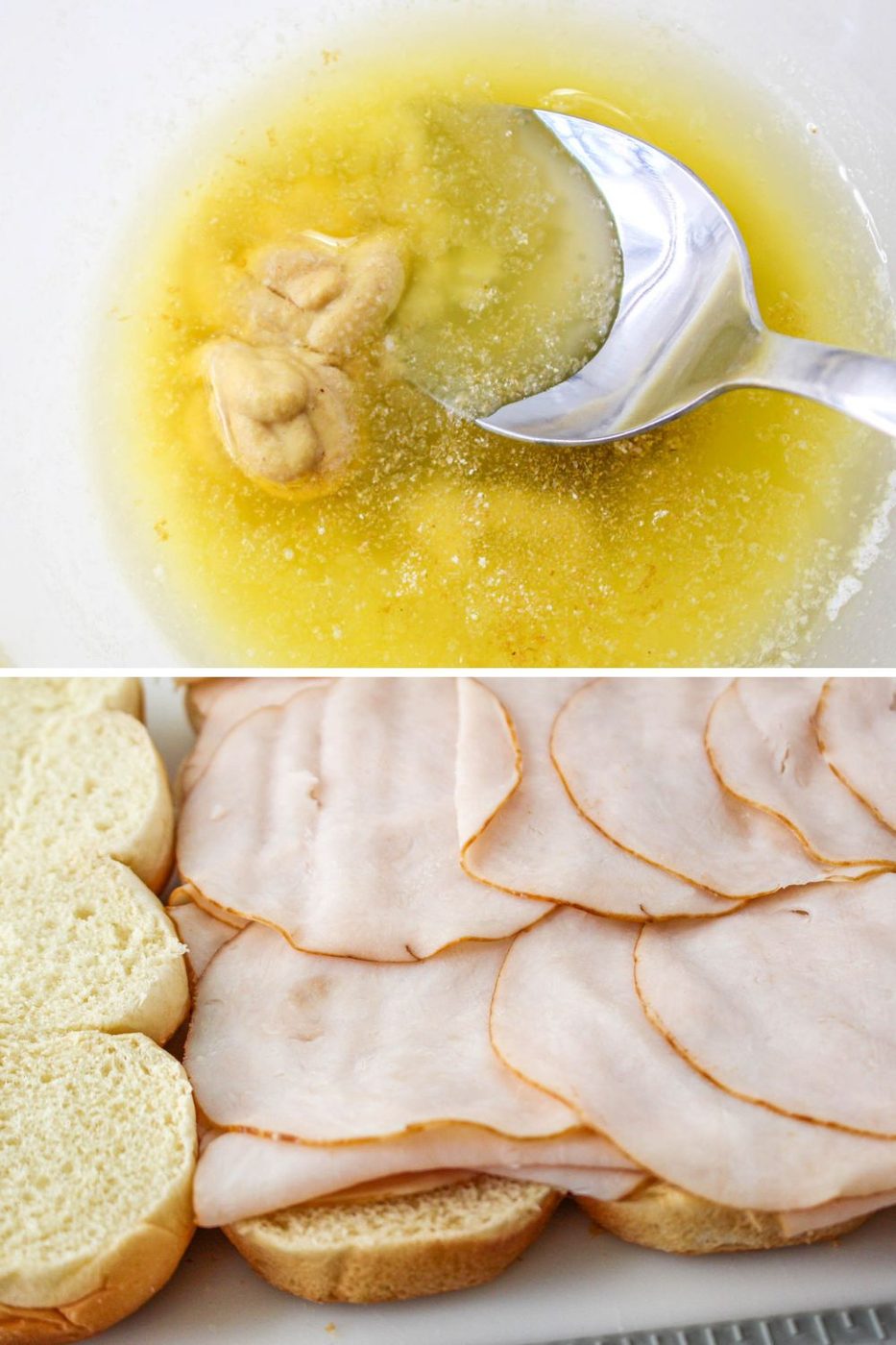 mustad and butter in a mixing bowl on table, and slider buns topped with lunch meat