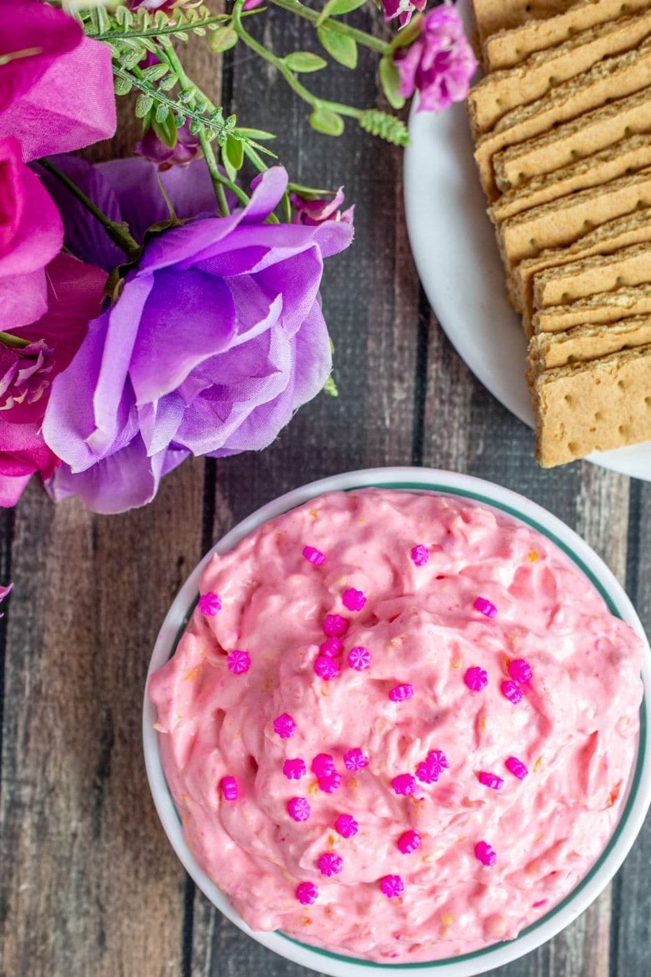 pink fruit dip on counter