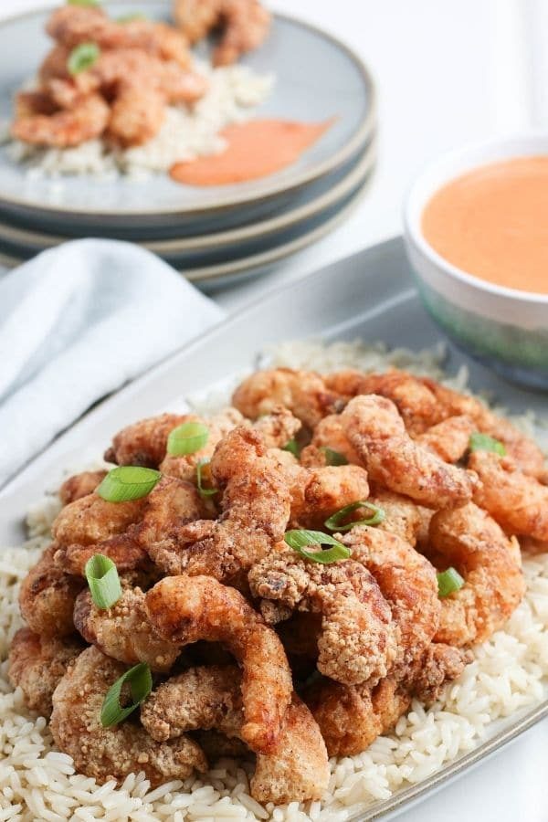 shrimp on a platter with sauce