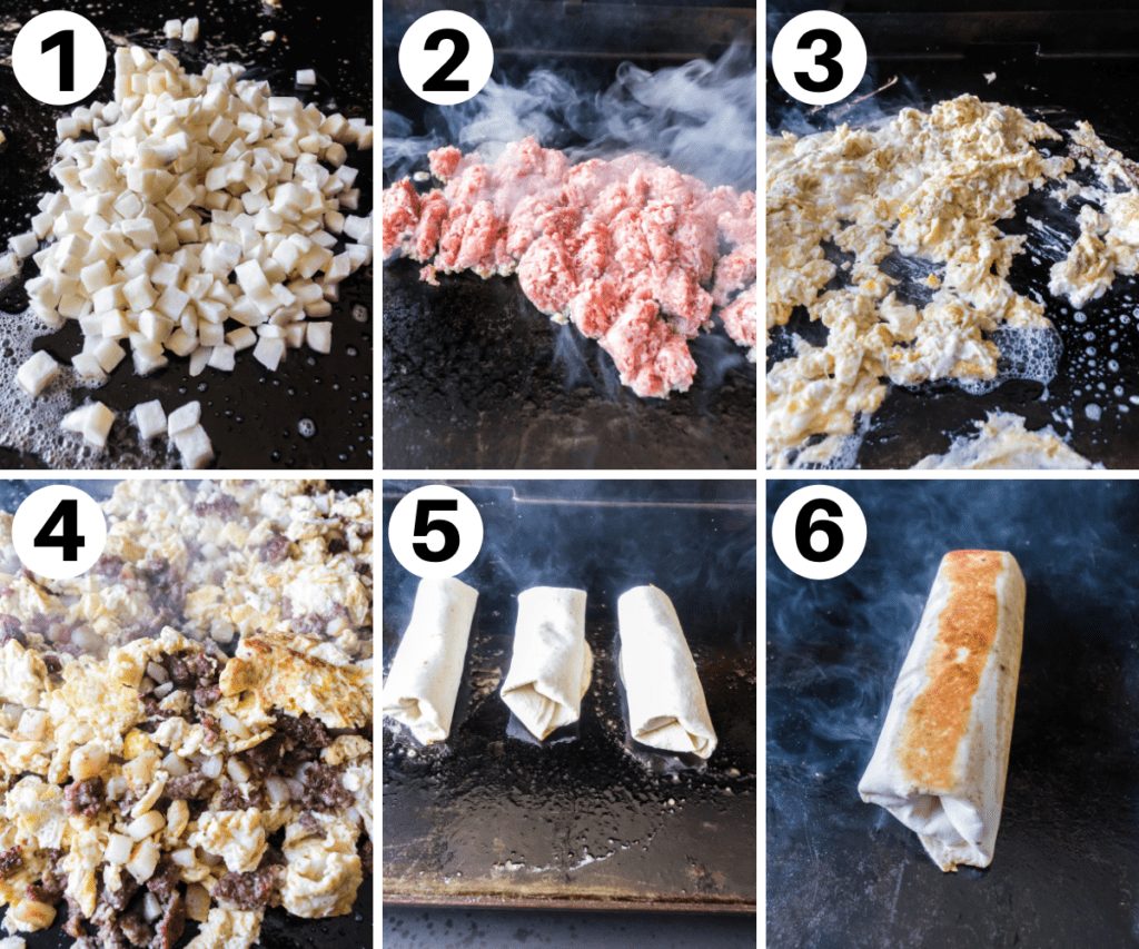 collage on how to make Blackstone Breakfast Burritos