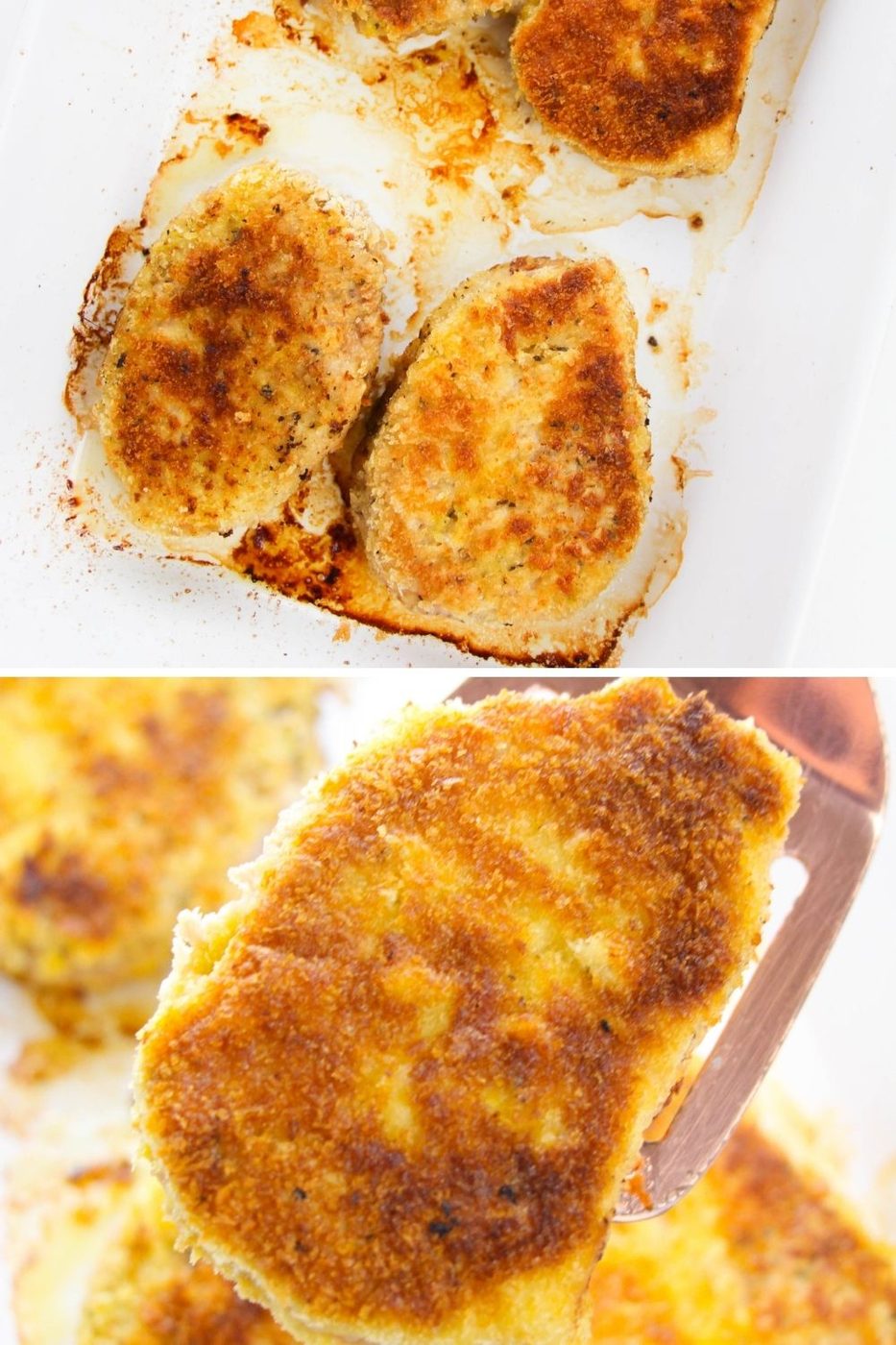cooked pork chops in a pan collage