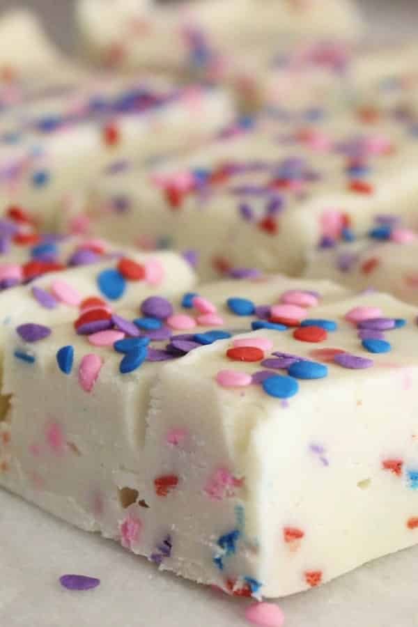 cake mix fudge sliced out on a marble board