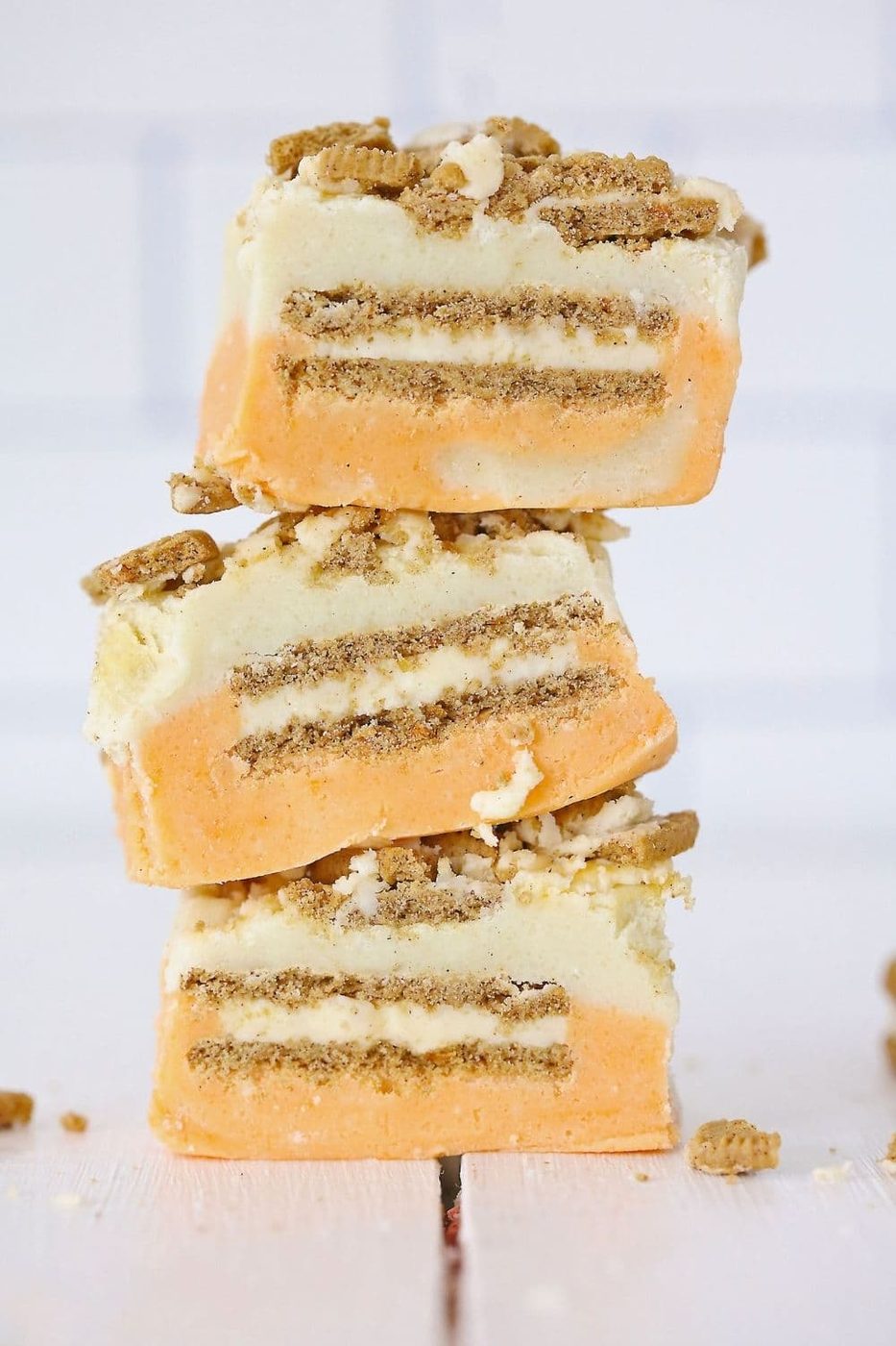 stacked carrot cake fudge on wooden table