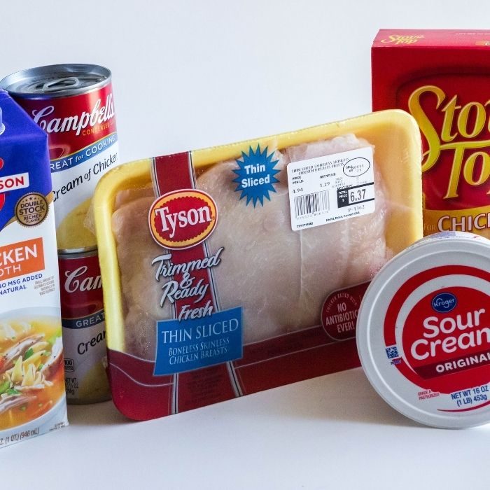 ingredients for stuffing and chicken casserole on white counter