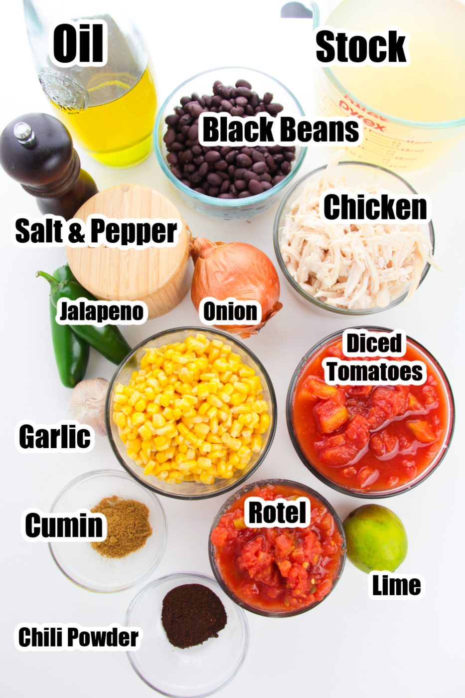 ingredients for chicken tortilla soup on white counter