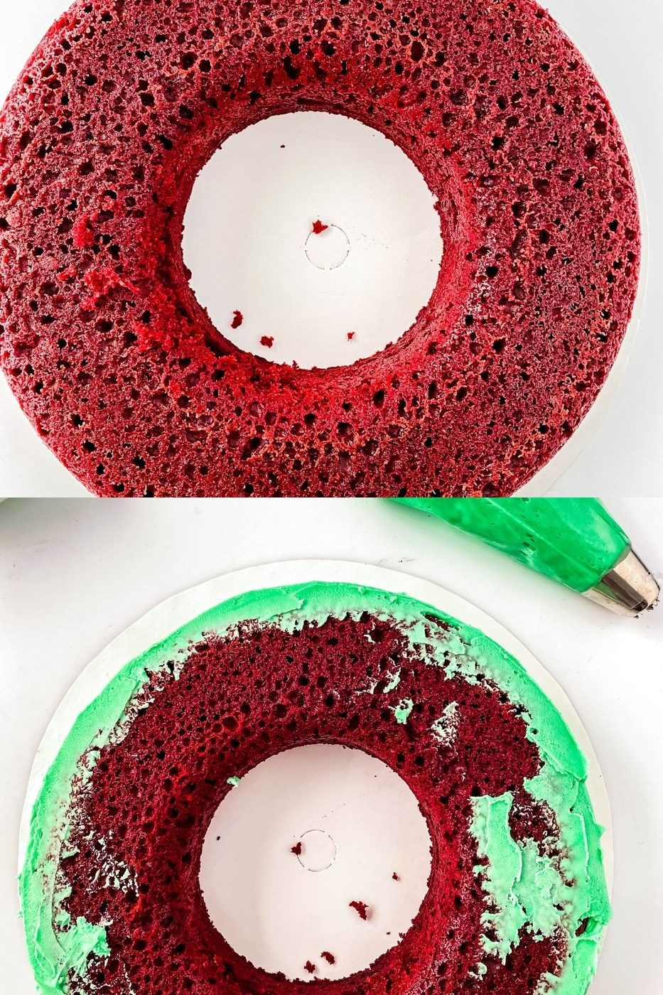 round donut cake with some frosting on it in bottom image