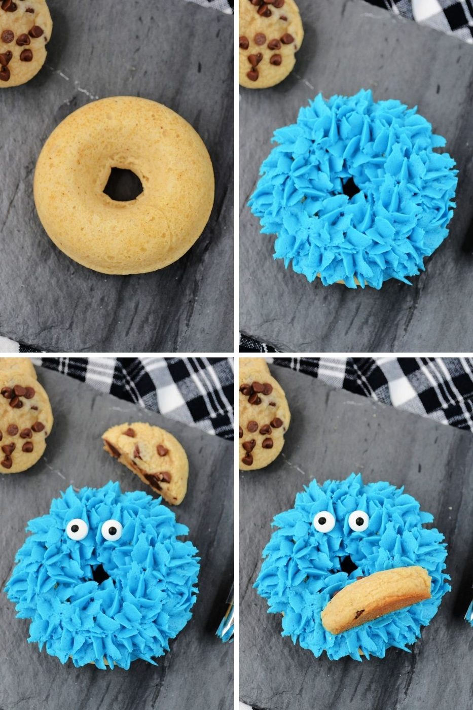 collage of how to make cookie monster donut 