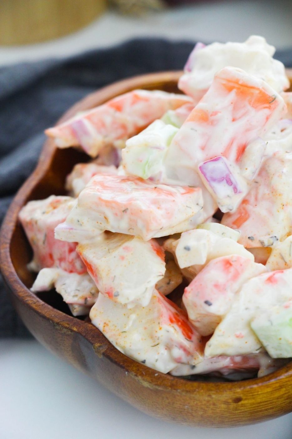 crab meat salad in a bowl on table