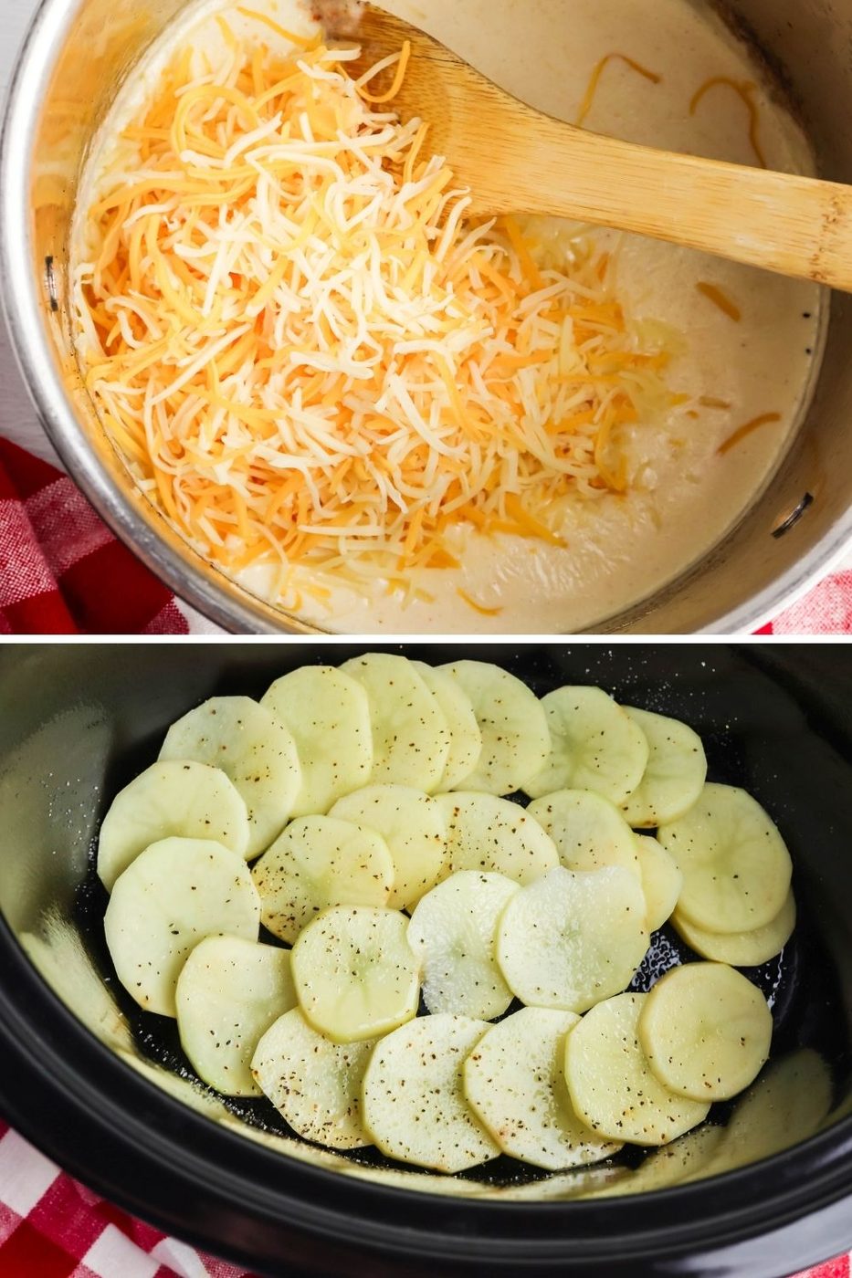 cheese sauce and then sliced potatoes in crockpot collage images