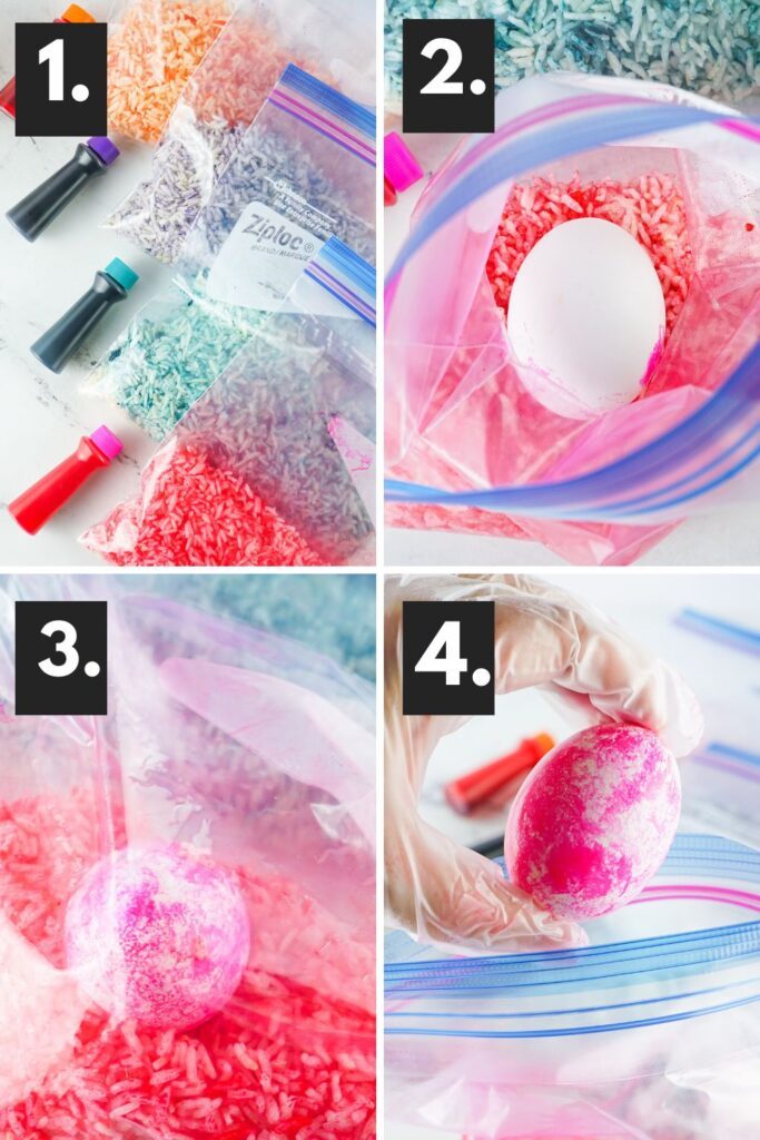 collage of dying eggs with rice, step by step. Coloring rice with food coloring, egg in bag, shaking bag to color egg, and lifting colored egg out of bag.