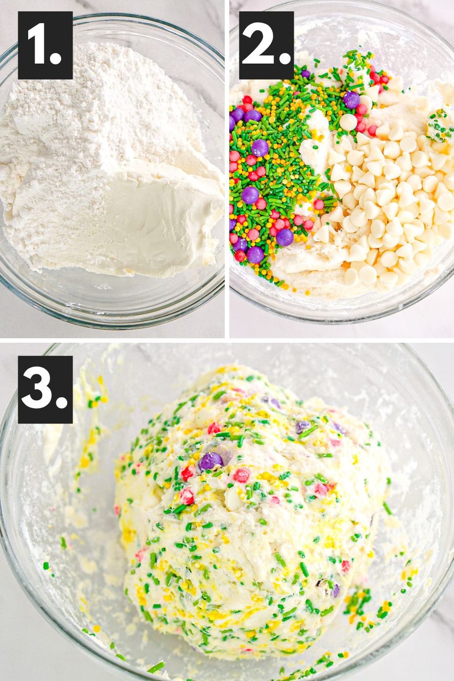 collage of how to mix up the cheese ball with sprinkles 