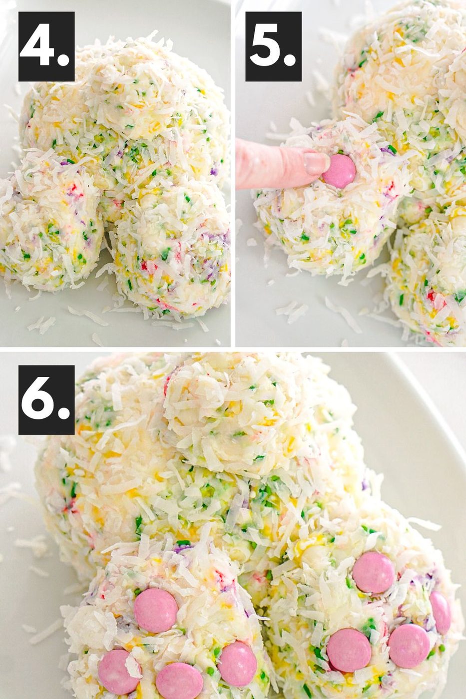 collage on how to decorate a bunny butt cheeseball with coconut and m&ms
