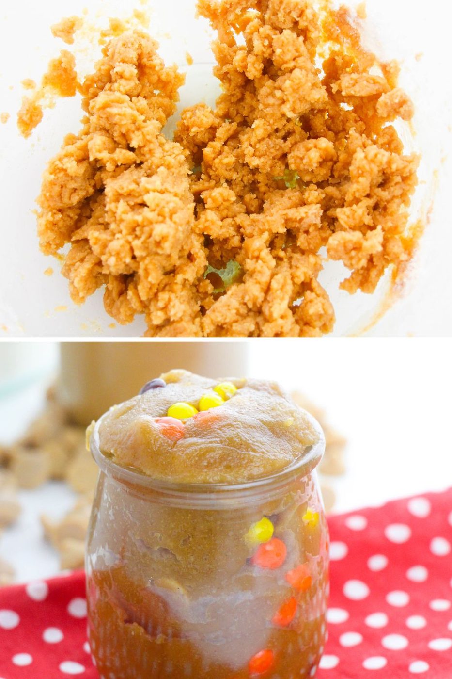 collage of peanut butter cookie dough in a bowl and then in jar with candy