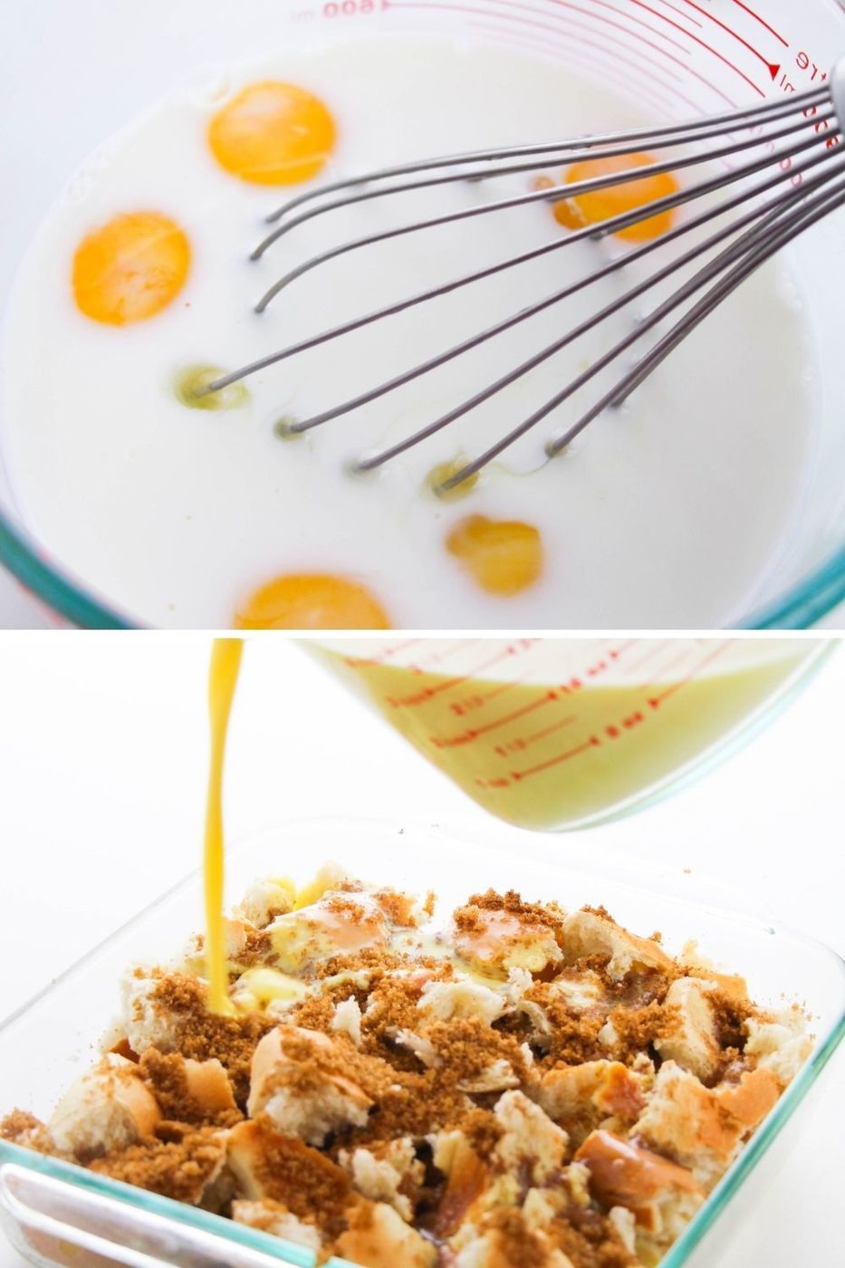 eggs and milk in a bowl then second picture is egg mixture pouring over bread in dish 