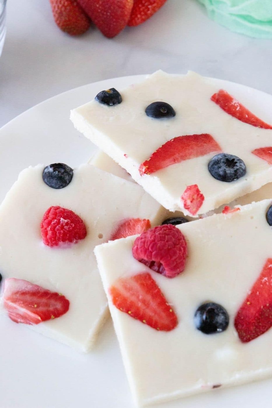 plate with cut up yogurt bark 