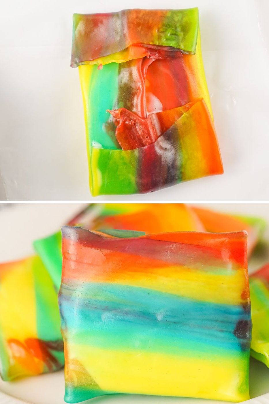 collage of a fruit roll up folded on white counter and on plate 