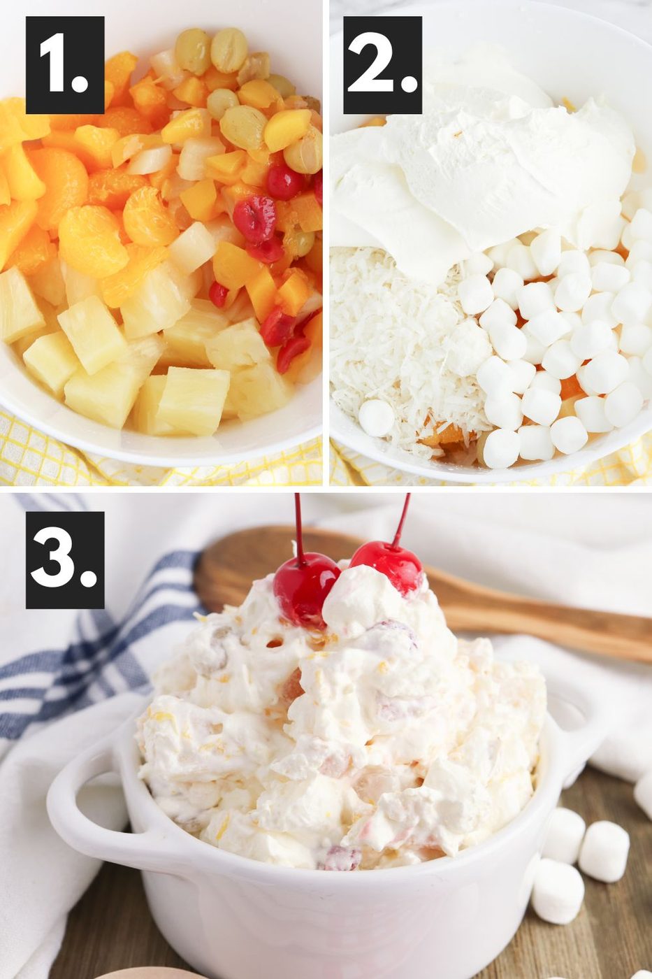 collage on how to make marshmallow fruit salad by pouring fruit in a bowl, mixing with cool whip, and poured into a bowl