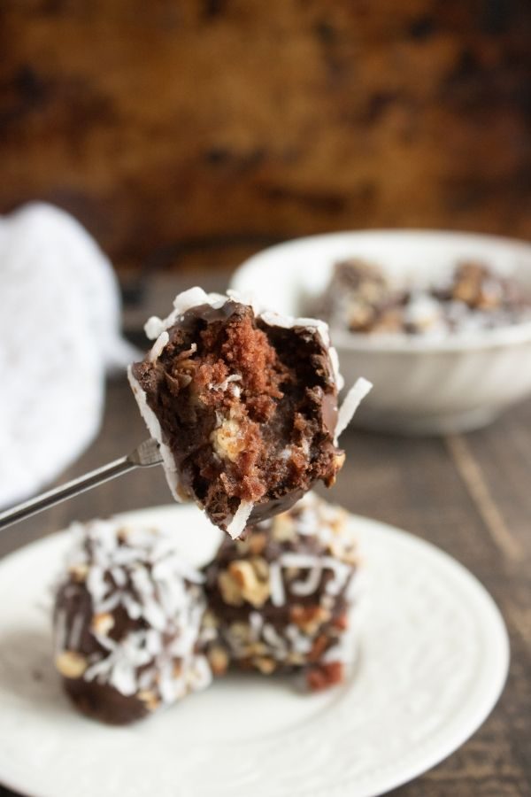 German Chocolate Cake Balls with a bite taken out of it 