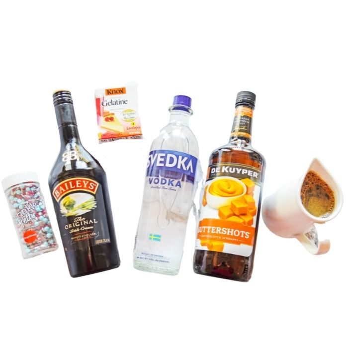 ingredients for jello shots on white background