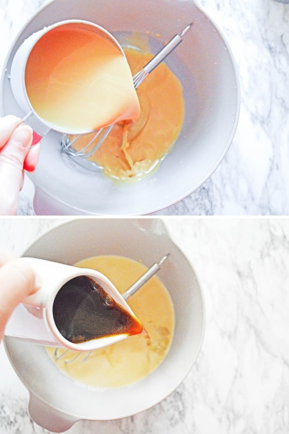 pictures of liquids pouring into bowl on marble counter