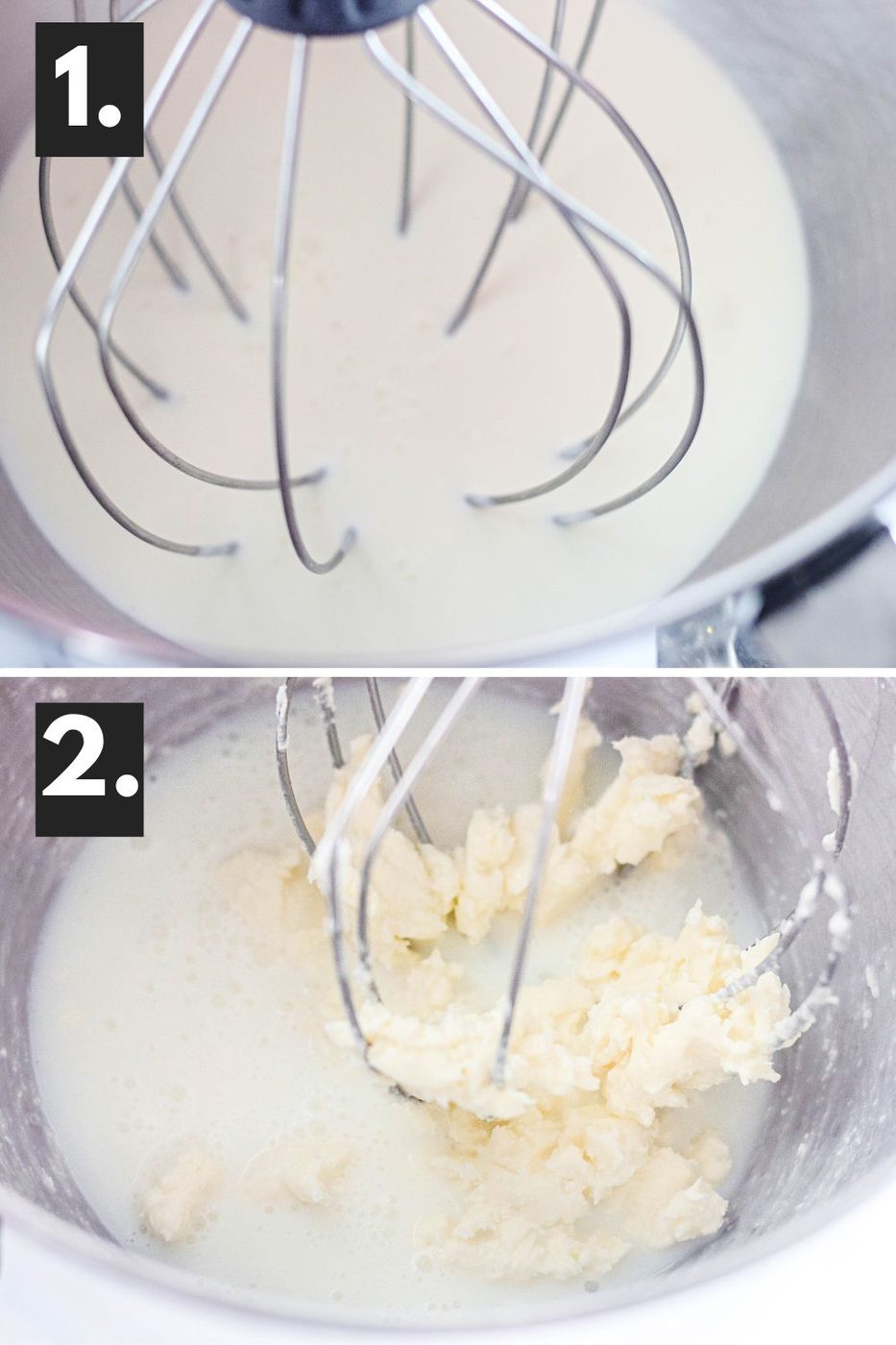 stand mixer with cream in it, and second image on bottom shows butter forming in the mixer 