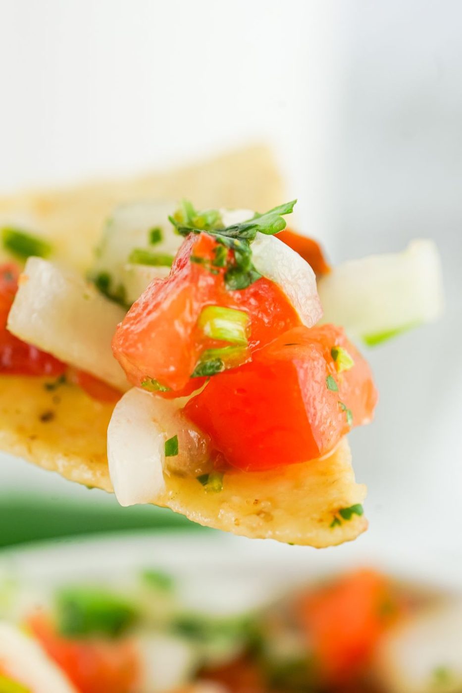 tortilla chip full of pico de gallo on it 