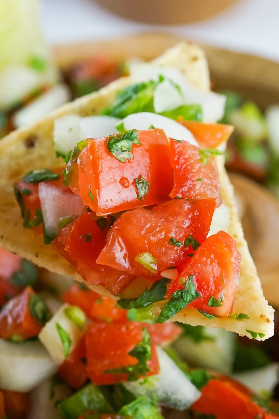 tortilla chip with pico de gallo on it 