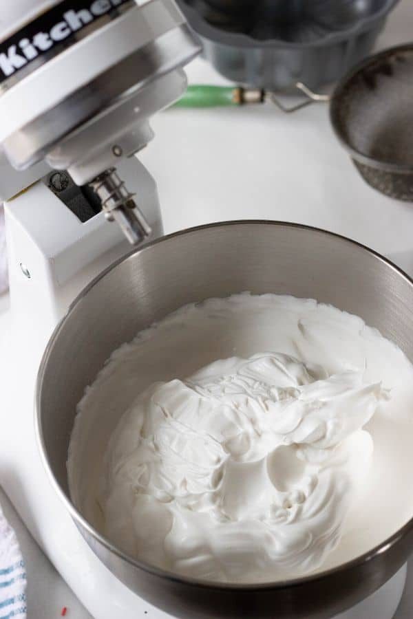 whipped angel food cake in stand mixer