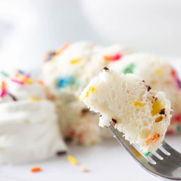 angel food cake on a fork