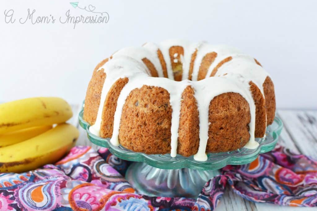 Instant Pot bundt cake banana bread on cake display 