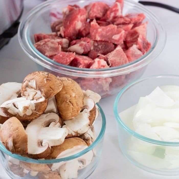 mushrooms, onions, and steak diced up