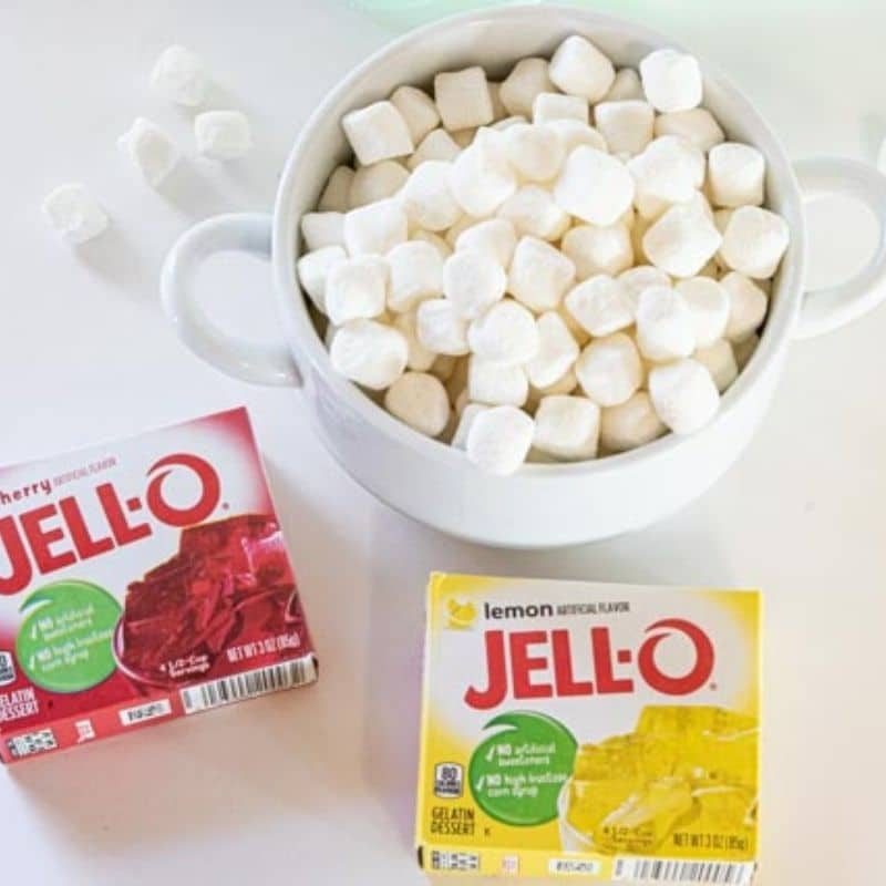 marshmallows and boxes of Jello on white counter