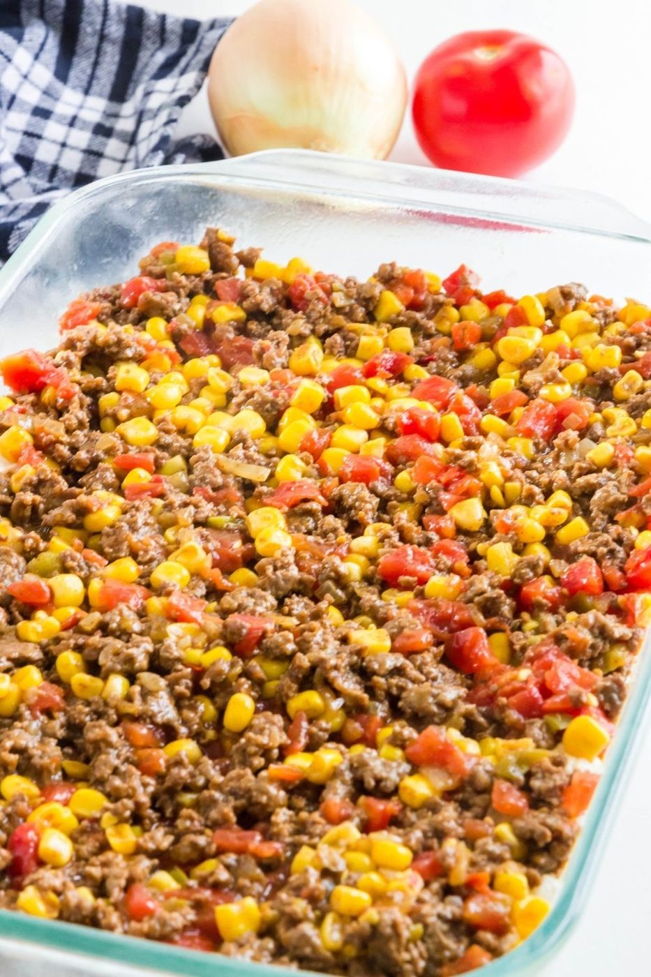 ground beef casserole in a casserole dish