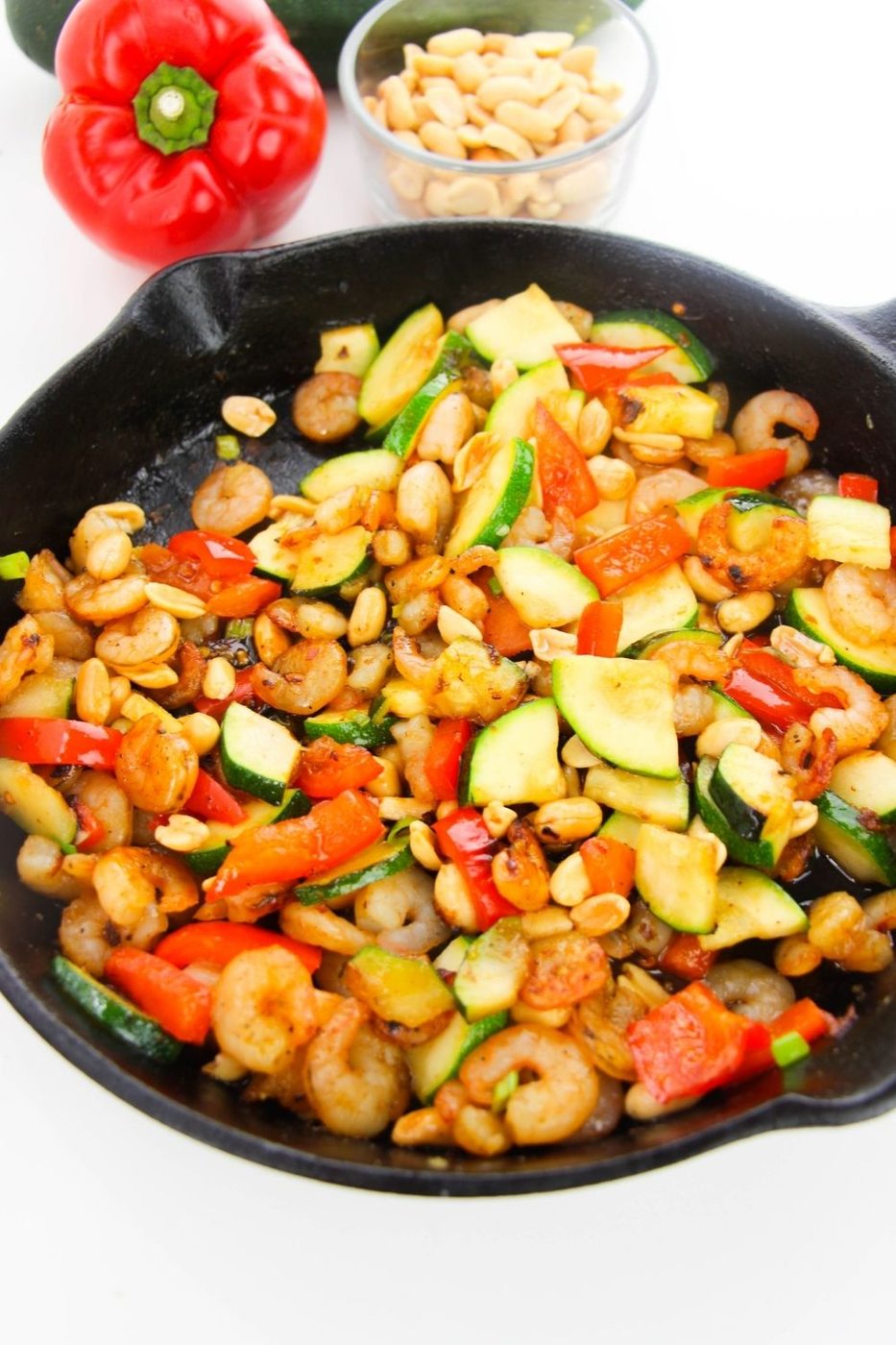 shrimp dish in a cast iron skillet on table 