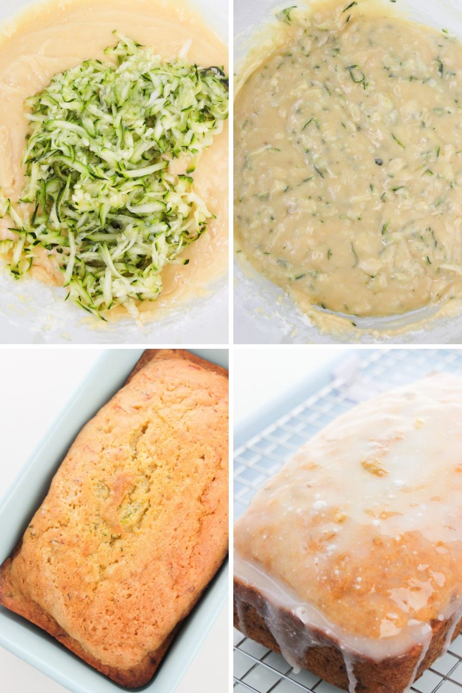 grated zucchini mixing in bread dough and then collage of bread in pan and then glazed with lemon glaze