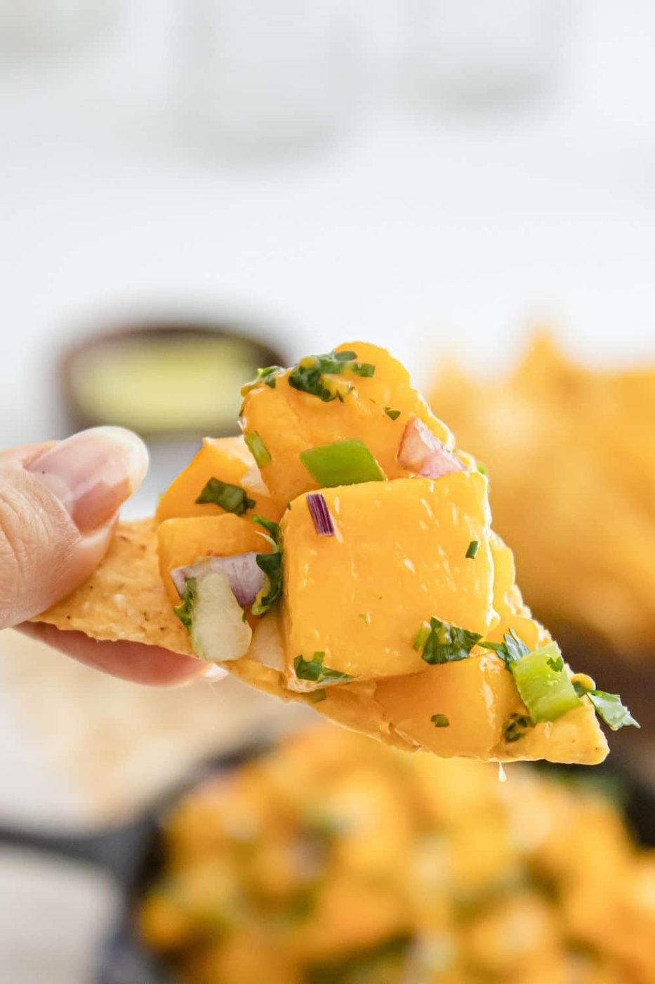 chip with salsa on it being held above bowl 