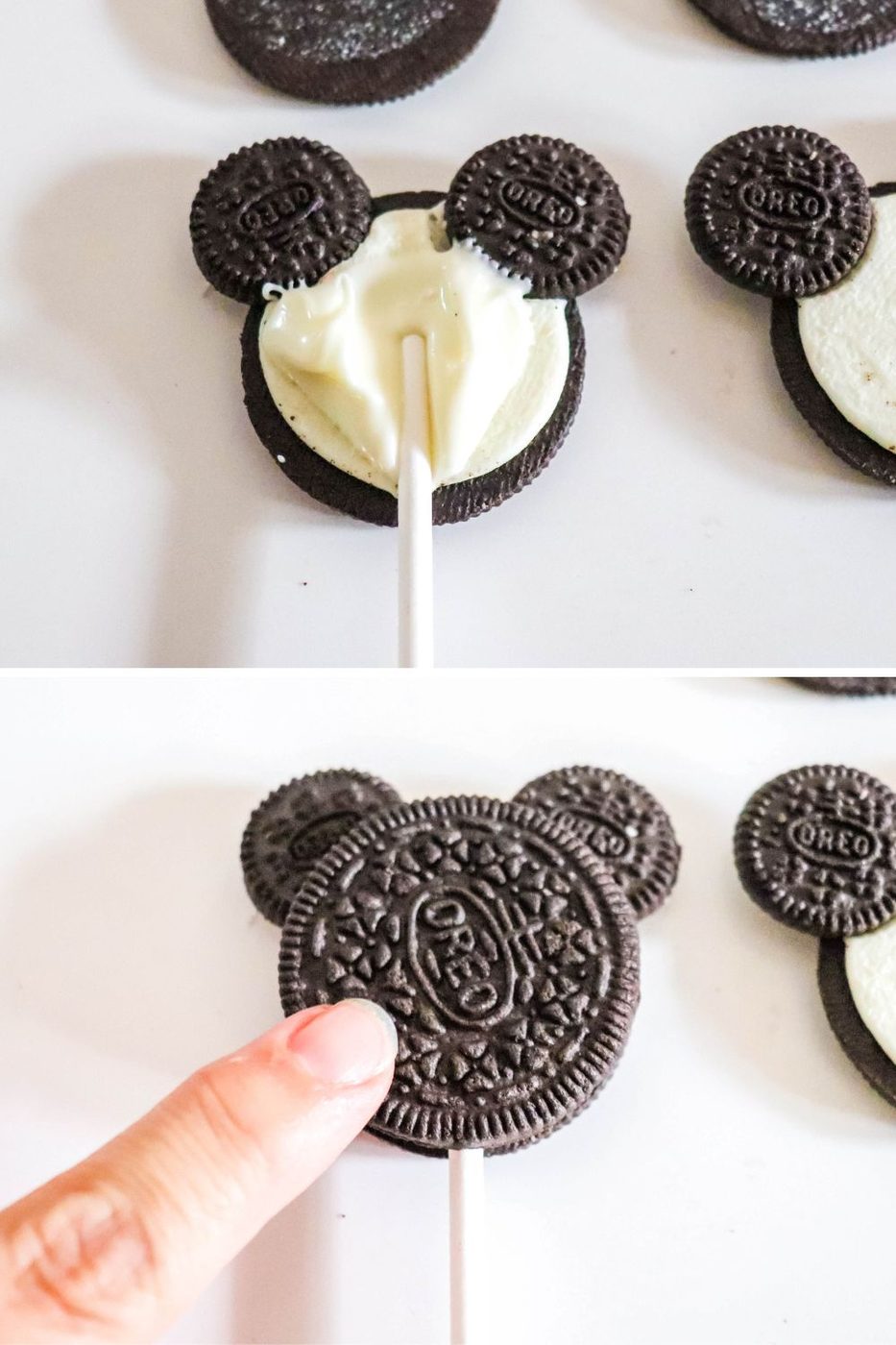 making Oreo Mickey Mouse cake pops, showing the process of how to secure stick on cookie 