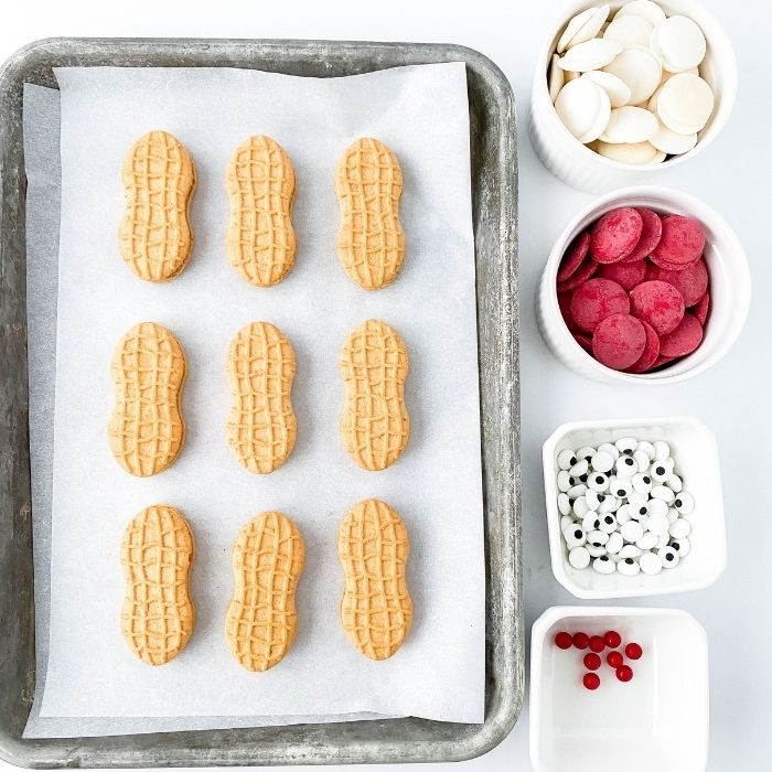 ingredients for nutter butter santa cookies on white counter