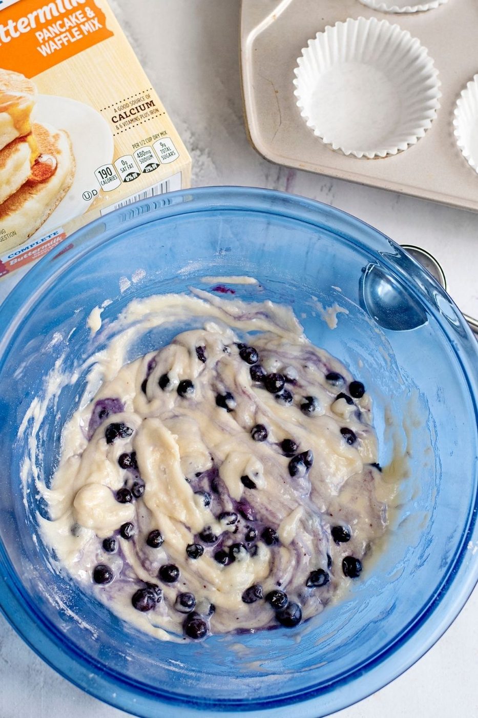 blueberry muffin batter in a bowl on counter 