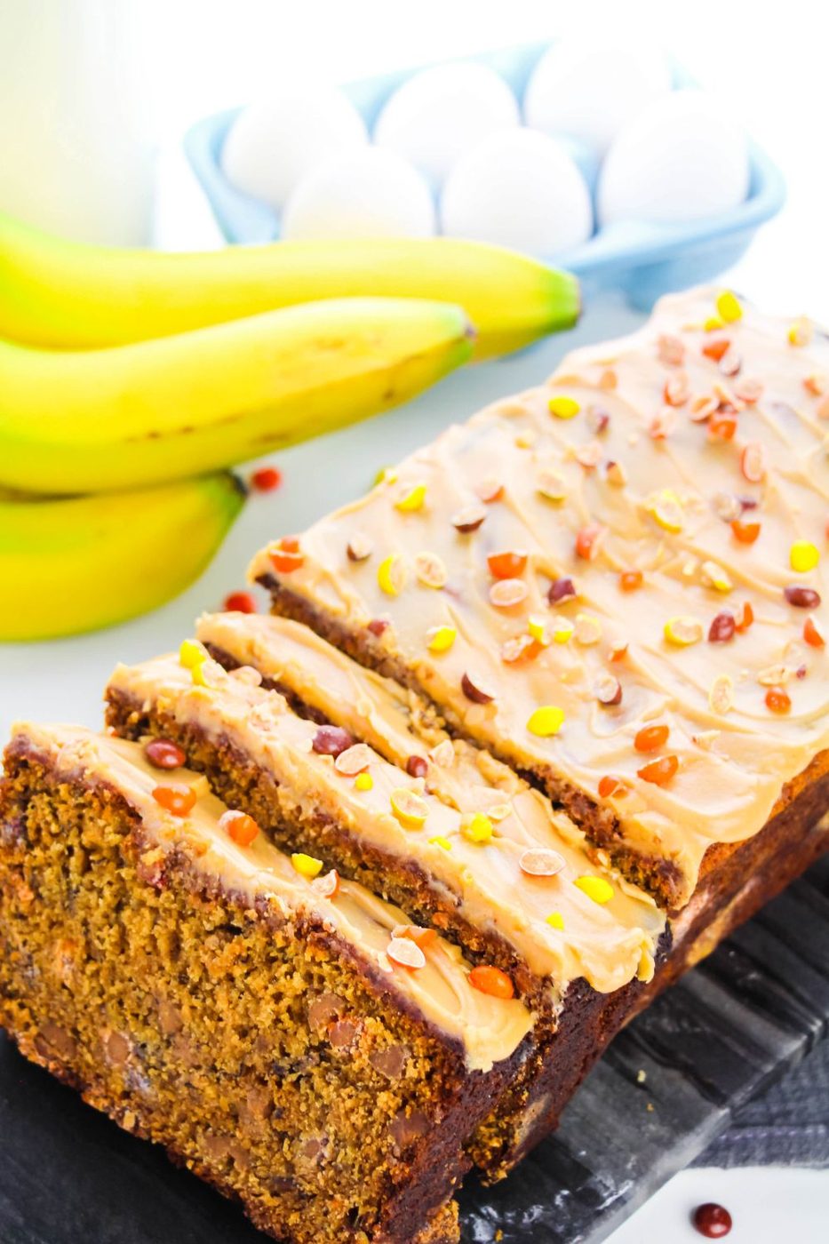 peanut butter banana bread partly sliced