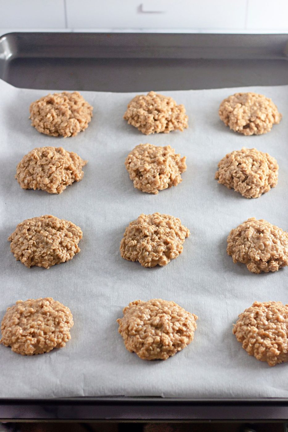 Peanut Butter No Bake Cookies spooned out on cookie tray