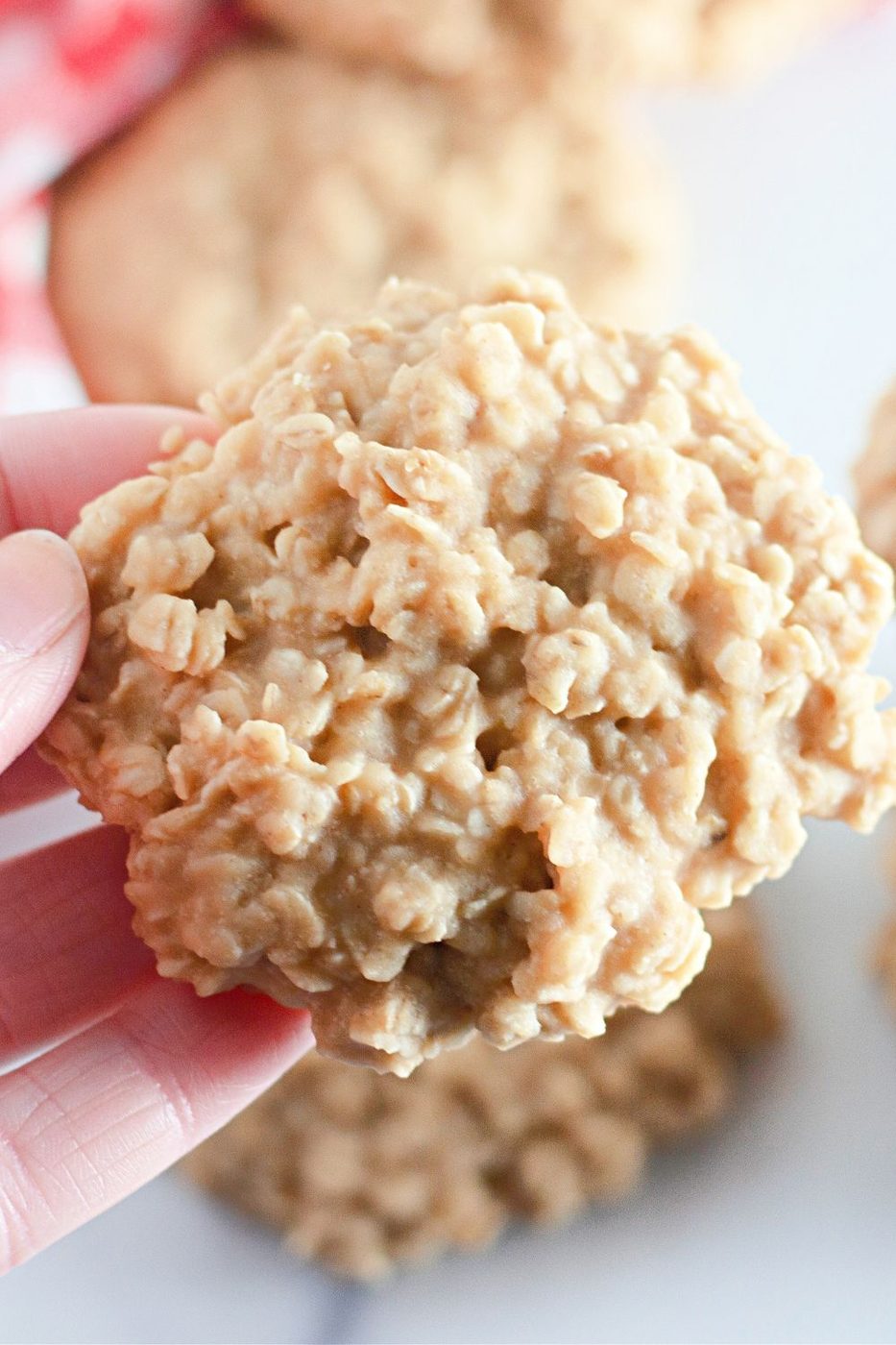 holding a peanut butter no bake cookie
