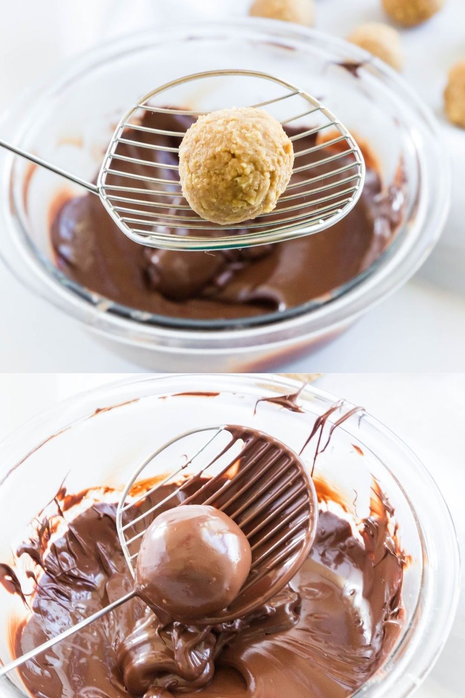 dipping peanut butter ball in chocolate and dredging it 