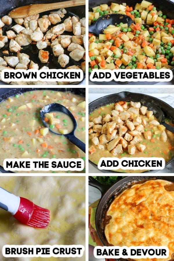 steps of pictures on how to make skillet pot pie