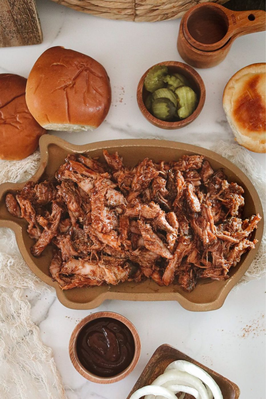 pig tray with pulled pork on the tray