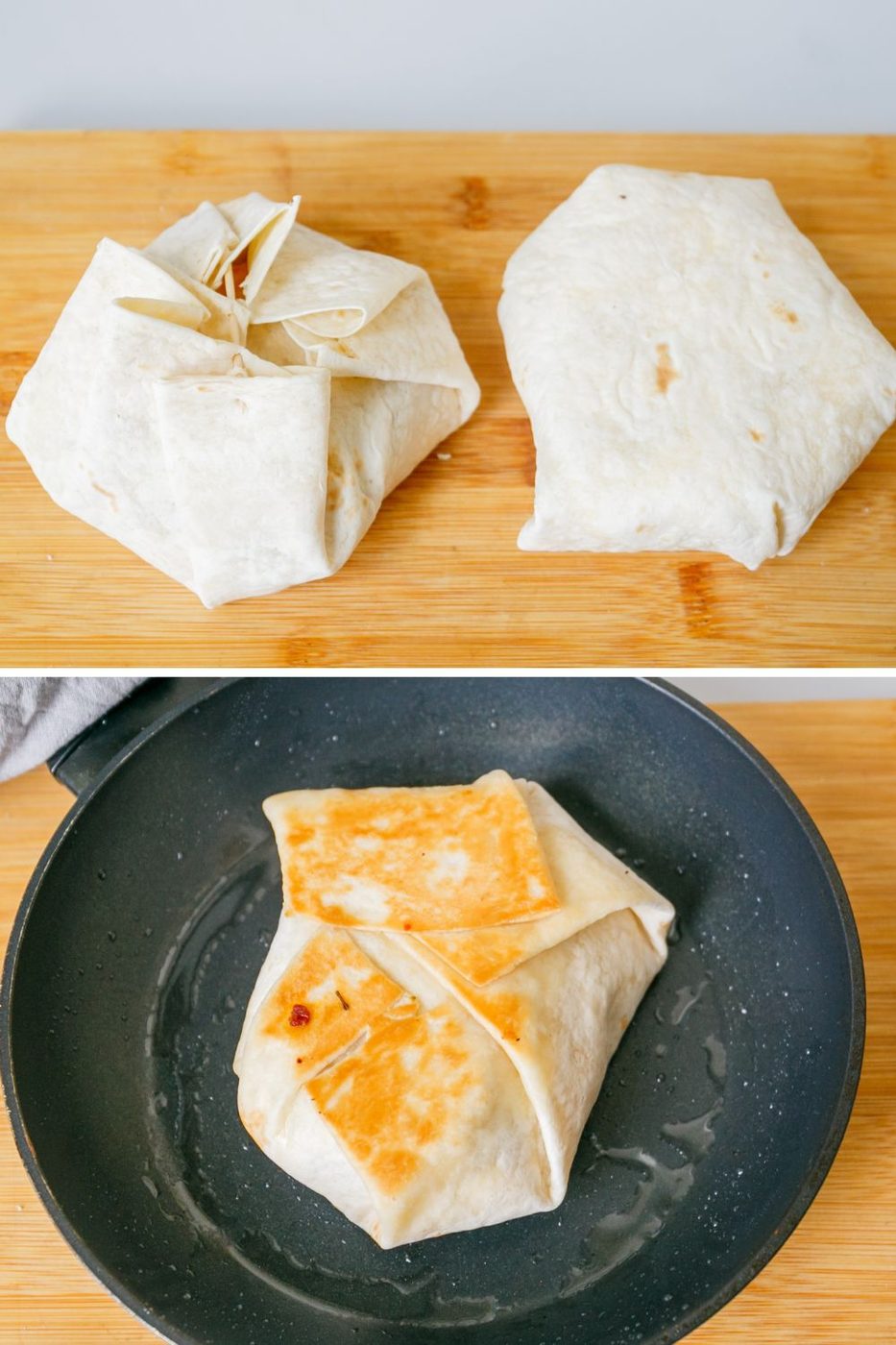 tortilla crunchwrap on cutting board, and picture of it toasted in skillet