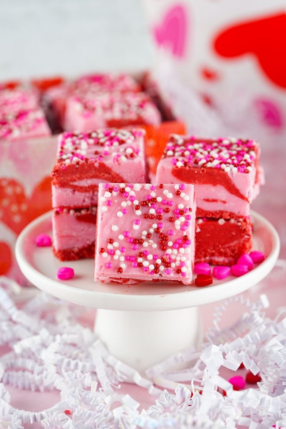 valentines day fudge on cupcake stand 