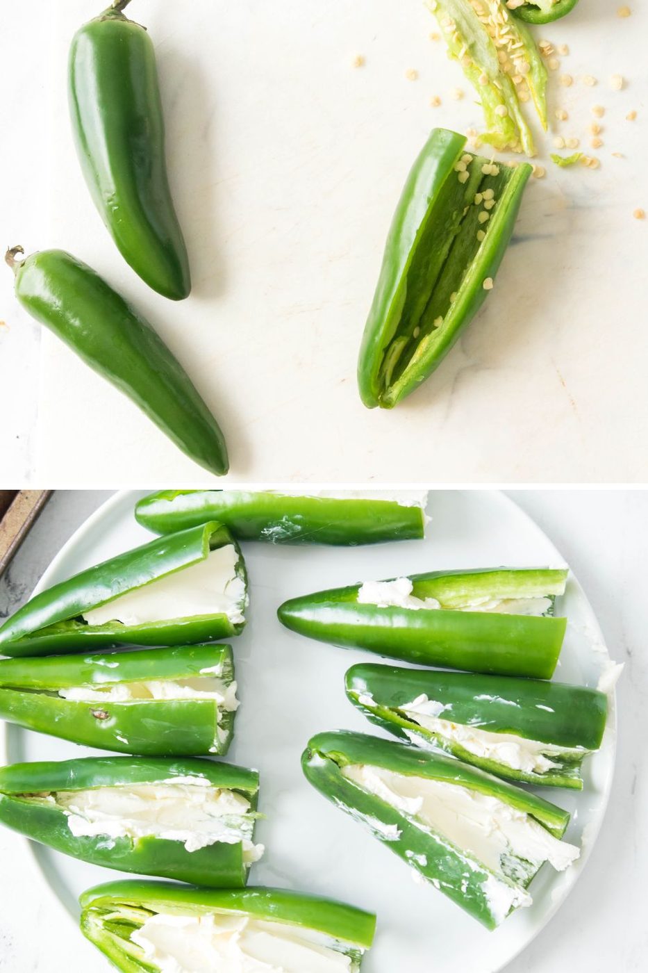 jalapeno in collage being cored out, and then stuffed with cream cheese.